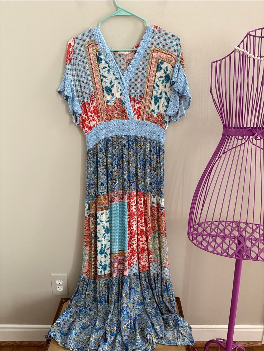 eesome Patchwork Boho Maxi Dress in Light Blue and Red